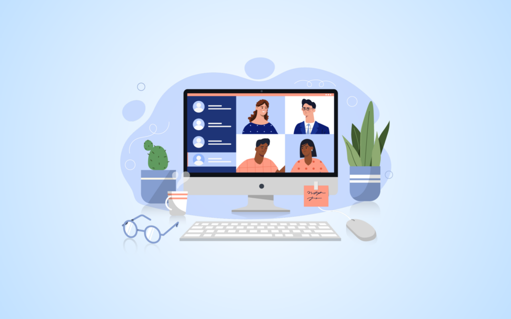 illustration of four people on a video webinar on a computer screen