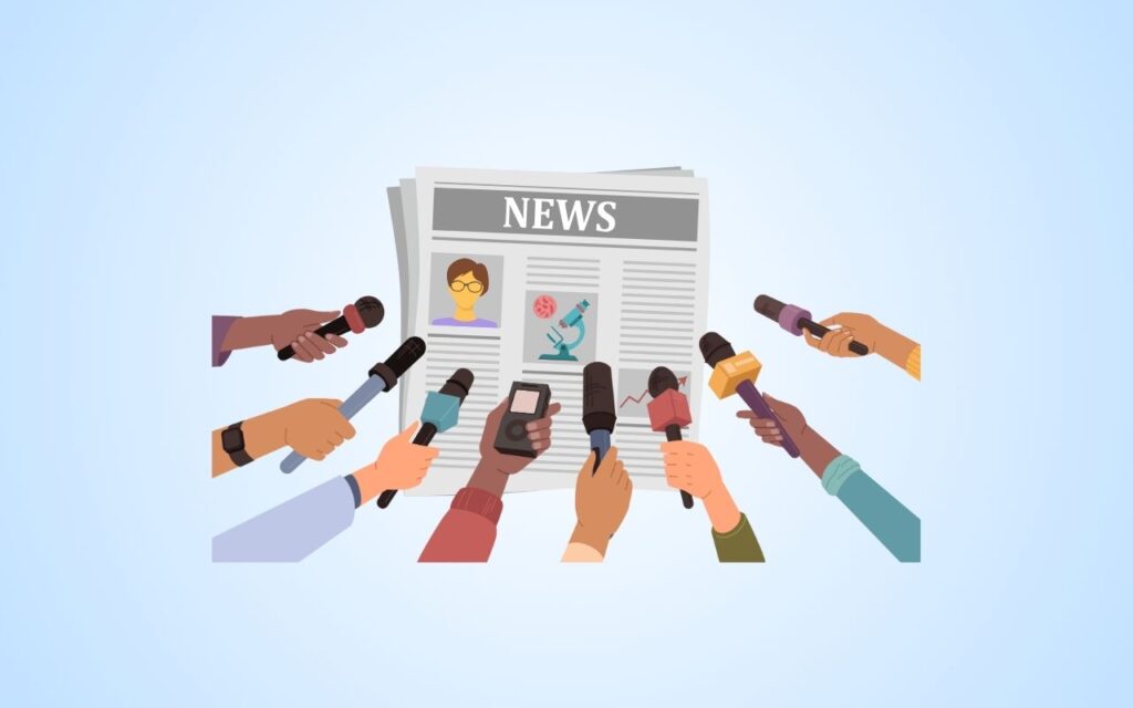 illustration of newspaper and reporters with microphone