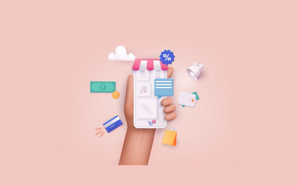 illustration showing a hand holding a mobile phone with online commerce shops