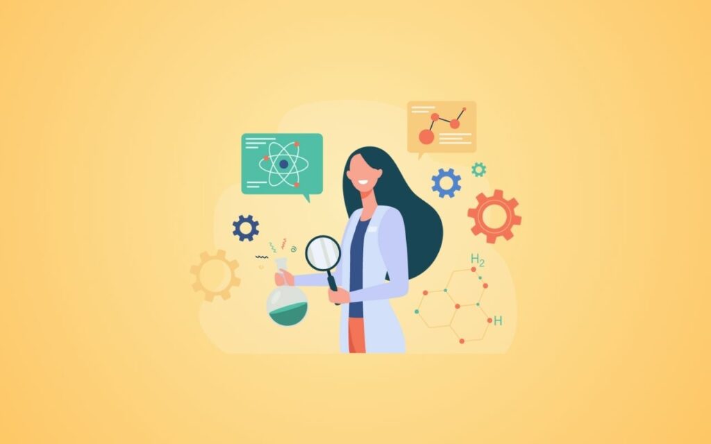 illustration showing a chemists with a flask and magnifying glass