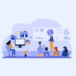 image showing virtual event on computer screen on the left and an in person event on the right