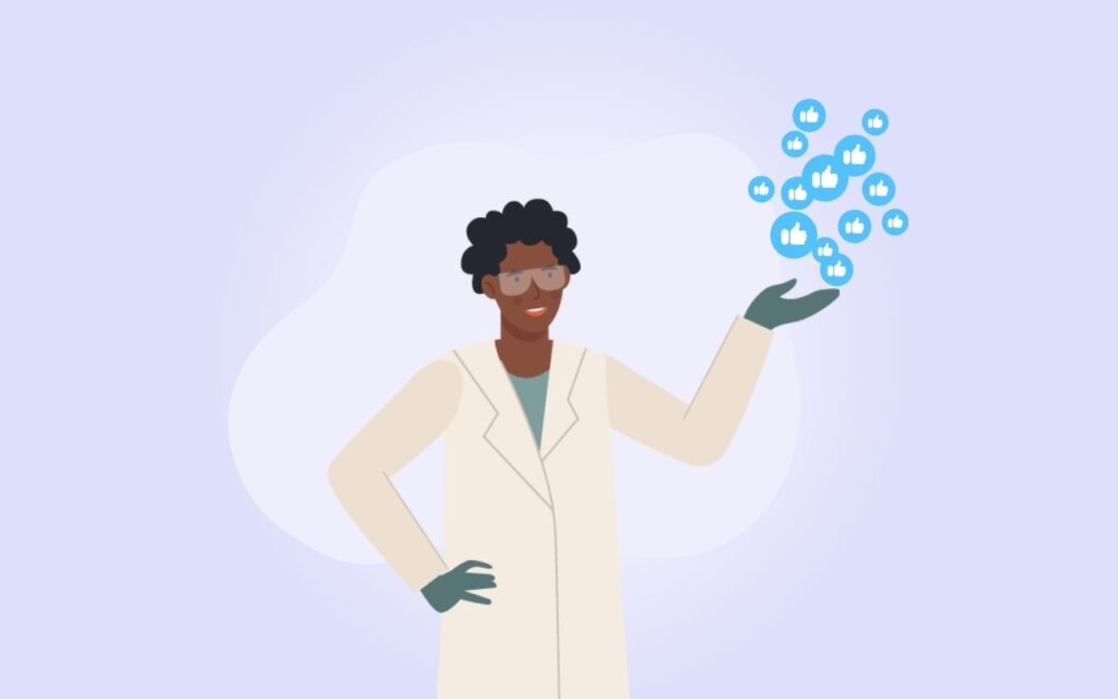 illustration showing scientists in lab coat and social media likes