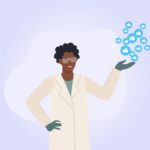 illustration showing scientists in lab coat and social media likes