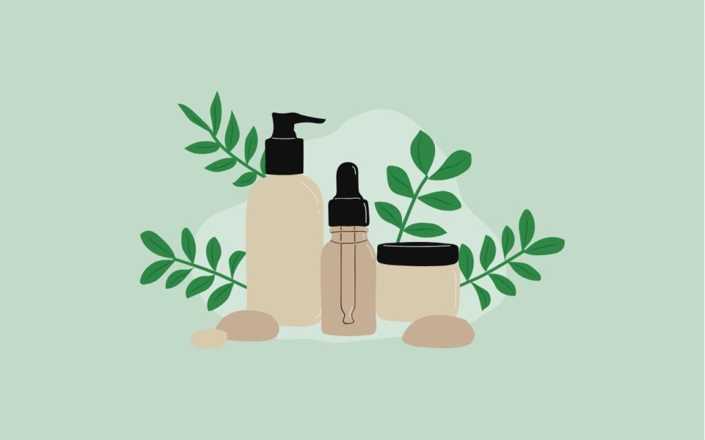 illustration showing greenery and beauty products