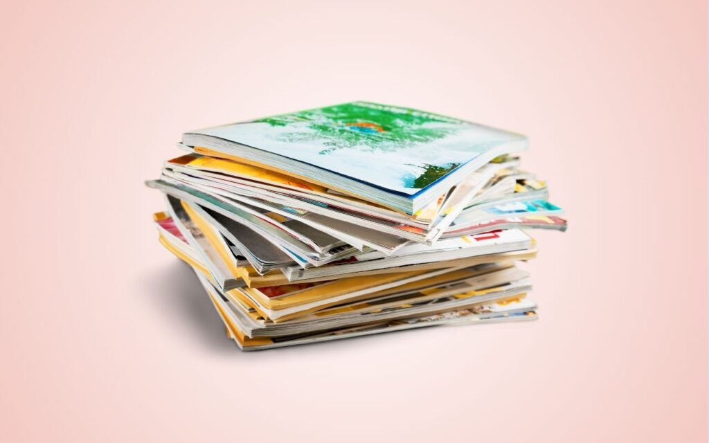 a stack of print magazines