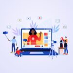 illustration showing video production and viewing on a laptop