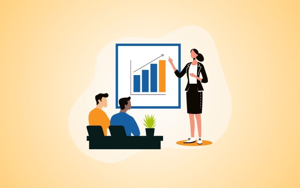 illustration showing a sales pitch to B2B science clients