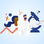 An illustration of chemists, lab equipment and graph showing trends
