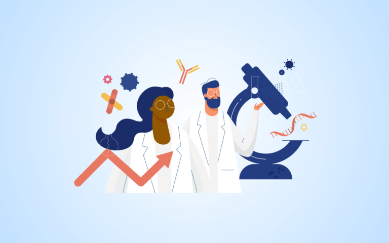 An illustration of chemists, lab equipment and graph showing trends