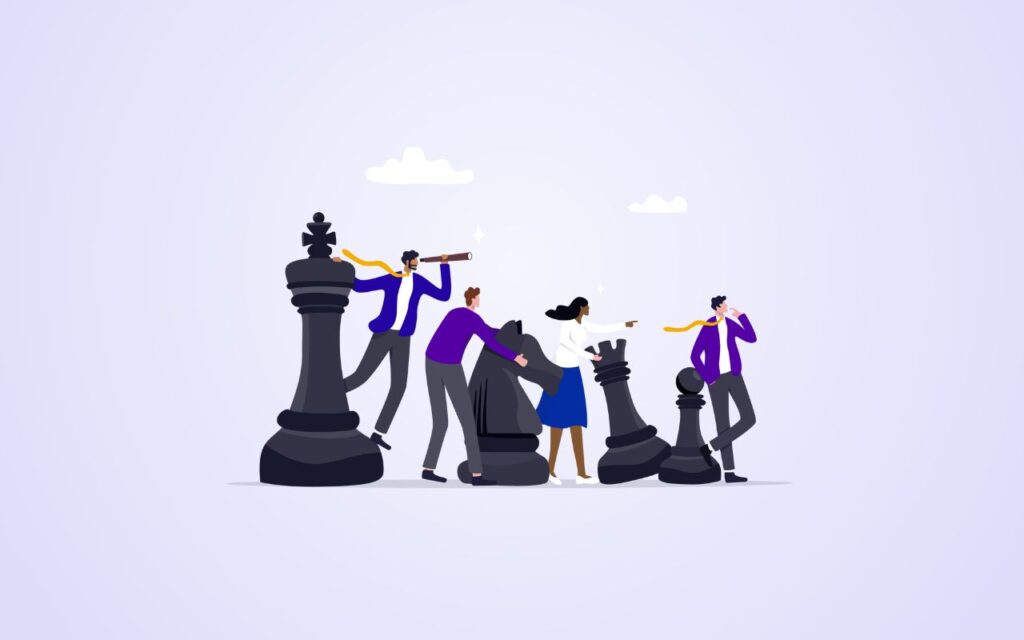 Illustration of marketing team with chess pieces creating science content strategy