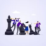 Illustration of marketing team with chess pieces creating science content strategy