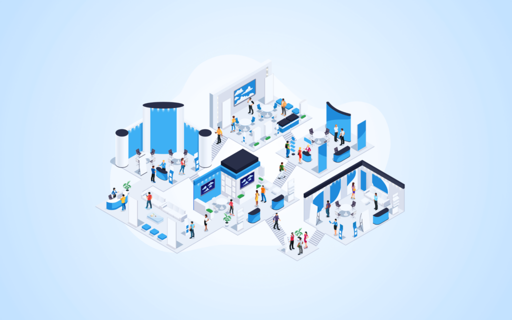 A birds-eye view of an exhibit hall for tips for attending science conferences