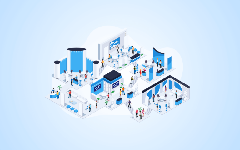 A birds-eye view of an exhibit hall for tips for attending science conferences