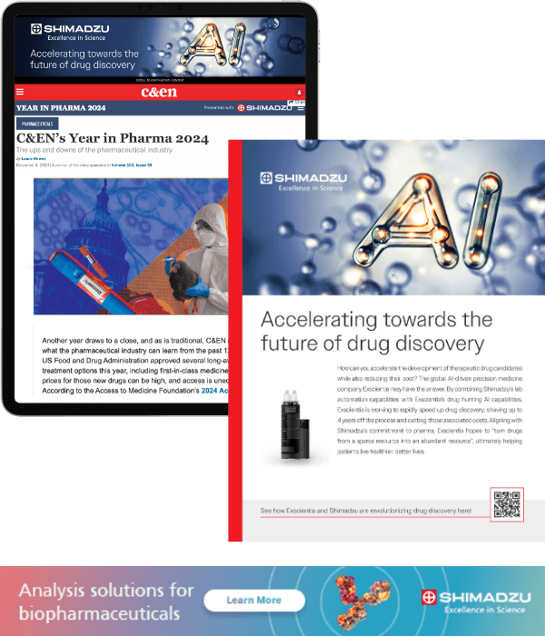 Header revealer and full page ad features from Shimadzu's Year in Pharma sponsorship