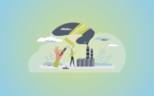 an illustration of a hand painting green overtop of emission smoke to depict greenwashing in sustainability marketing