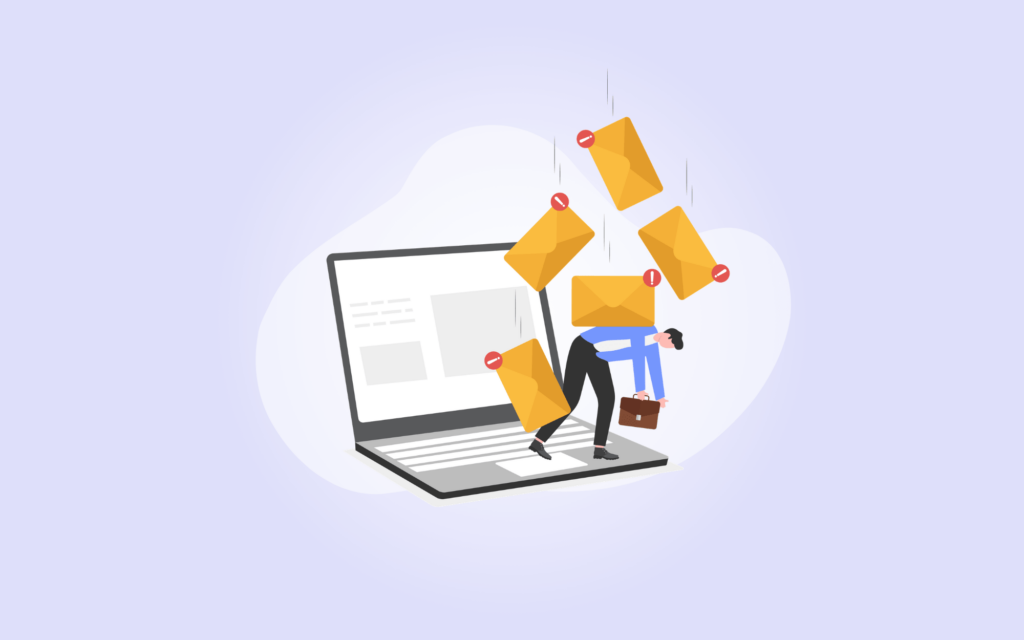 An illustration of a tired man being overwhelmed by unread emails falling on top of him as a representation of why your 2026 email marketing strategy needs an upgrade