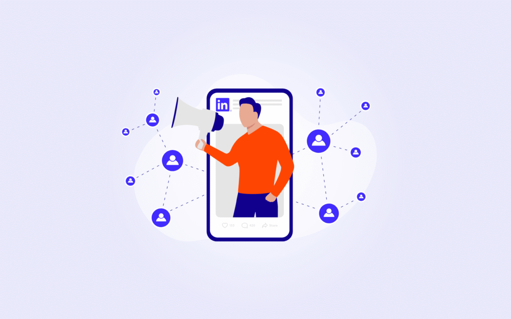 Illustration of a man using a megaphone in front of a phone with linkedin page opened