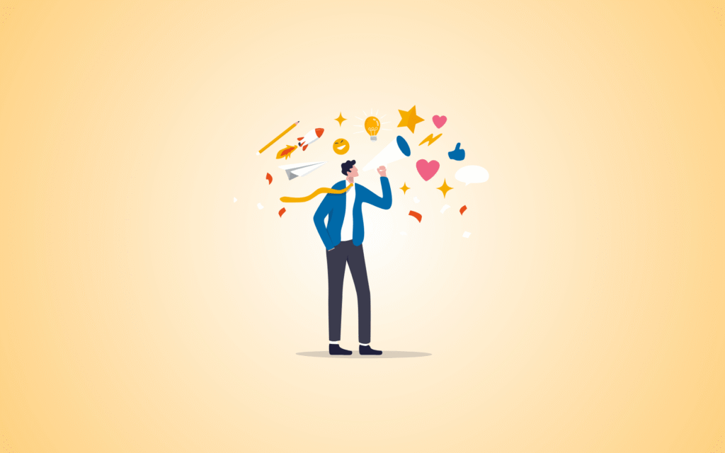 man with a megaphone with star, heart and other icons floating around him