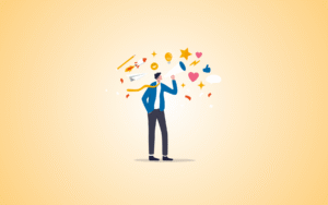 man with a megaphone with star, heart and other icons floating around him